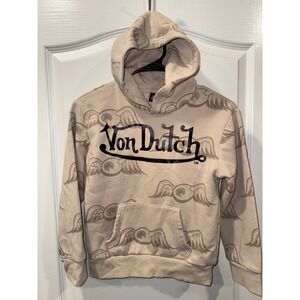 Von Dutch Flying Eye Kids Beige Wing Print Pullover Hoodie Size 10 12 Authentic